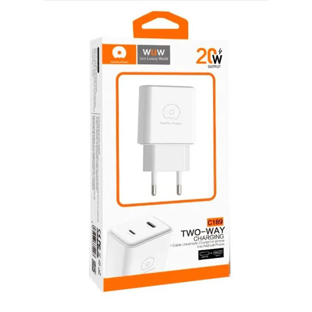 Зарядний пристрій WUW-C189 PD 20W Charger USB C + USB C білий - фото 2
