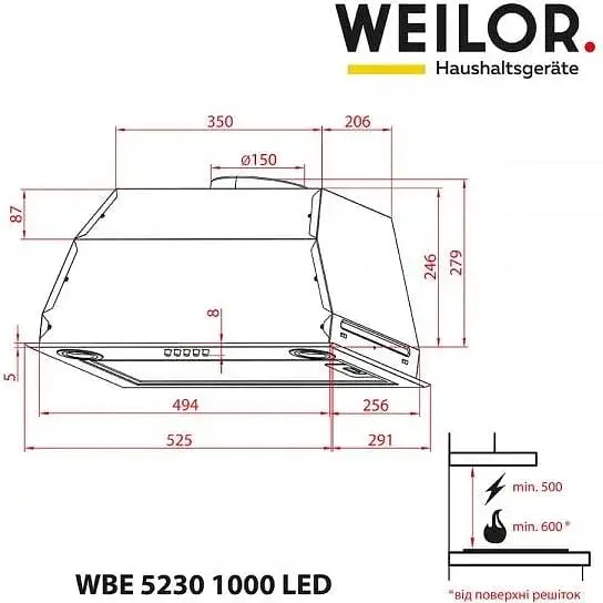Витяжка вбудована Weilor WBE 5230 SS 1000 LED - фото 7