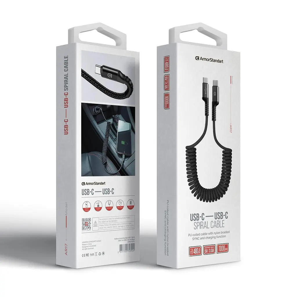 Кабель ArmorStandart AR17 Spiral USB-С to USB-C 3A 1m Black (ARM75392) - фото 3