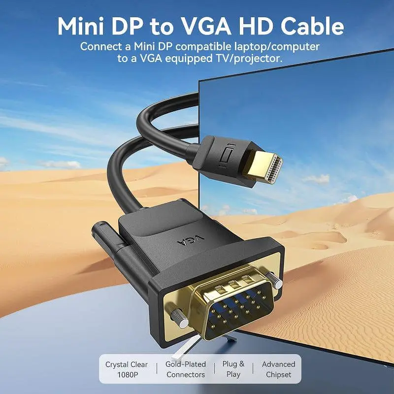 Кабель Vention Mini DP Male to VGA Male HD Cable 1M Black (HFDBF) - фото 2