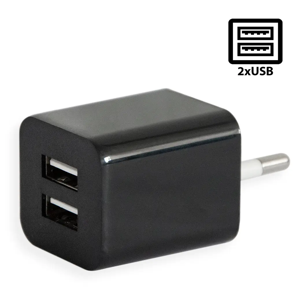 Мережевий адаптер живлення 2×USB, зарядний блок для телефону, чорний, вихід 2.1А - фото 2