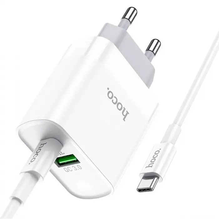 Адаптер сетевой HOCO C80A Type-C to Type-C cable rapido charger set C80A, 1USB/1Type-C, QC/PD, 20W, 3A Белый - фото 4