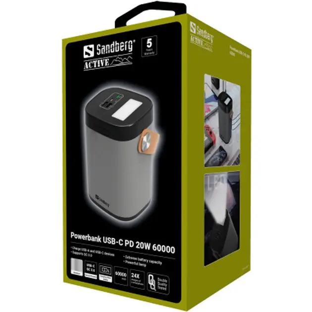 Зовнішній акумулятор з режимом ДБЖ Sandberg 420-71 - 60000 mAh PD 3A QC3.0 / VOOC 20W - фото 2