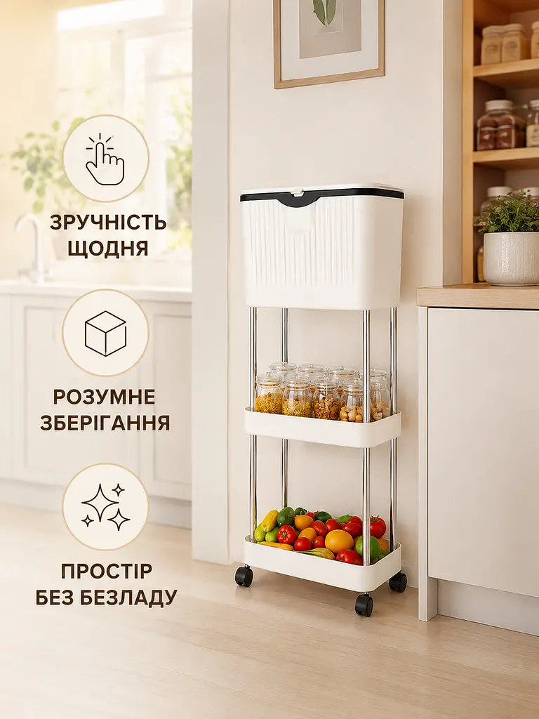 Кухонний візок з урною для сміття білий 78,5×29×20 см на колесах (49676048) - фото 7
