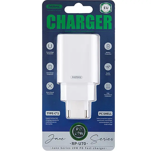 Швидка зарядка 20W Remax RP-U70 1xType-C PD+QC EU Білий для Iphone та Android - фото 2