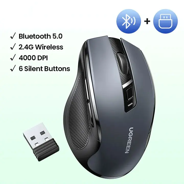 Мишка Ugreen 2.4GHz MU006, бездротова, Bluetooth, 4000dpi., 4кн.,Silence Design, Сіра - фото 6