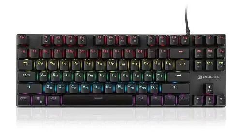 Клавіатура REAL-EL M 05 Grey, USB, механічна (перемикачі Huano Blue), RGB підсвічування (20 режимів), NKRO, металева основа, 87 кнопок