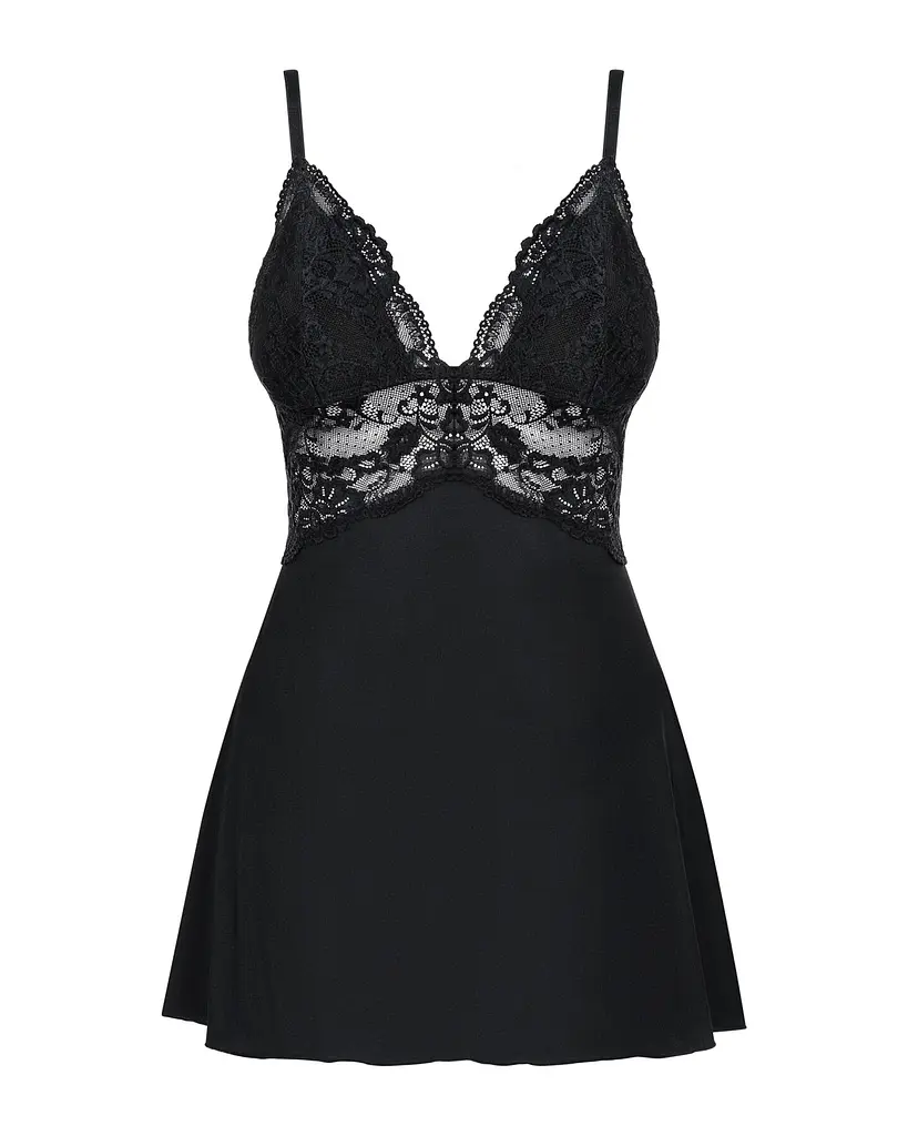 Сатиновий пеньюар з мереживом Obsessive 810-BAB-1 babydoll & thong L/XL, чорний, пеньюар, танга - фото 5