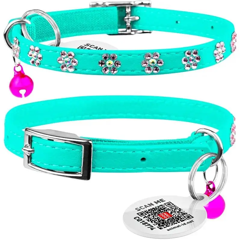 Ошейник для кошек Waudog Glamour Цветочек кожаный с эластичной вставкой и стразами 22-30х0.9 см ментоловый - фото 3