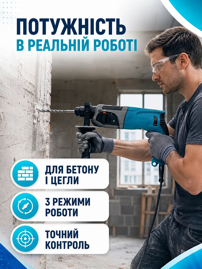 Перфоратор мережевий 780 Вт 2.7 Дж SDS+ 3 режими з бурами та кейсом (49676076) - фото 4