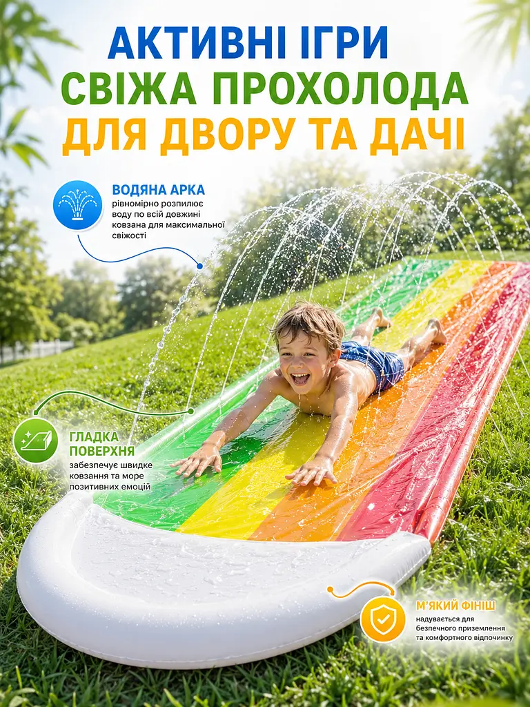 Дитяча водна гірка доріжка 480×76 см з розпиленням води та надувним бортиком (49676149) - фото 4