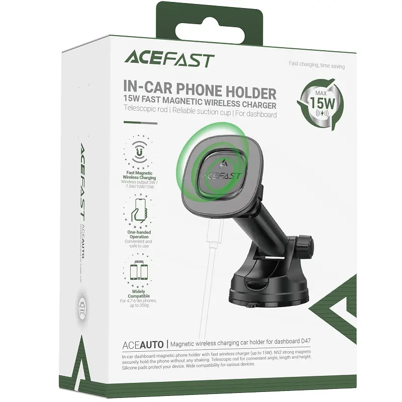 Автотримач з БЗП Acefast D47 Magnetic Charging 15W (center console) Black - фото 2