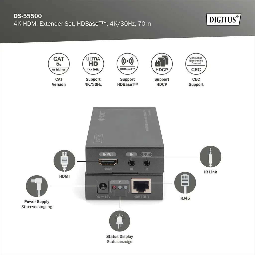 Набір подовжувачів Digitus HDMI, HDBaseT, UHD 4Kx2K@30Гц, (Cat 5E, 6, 7), 70м - фото 2