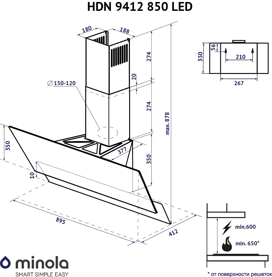 Витяжка декоративна похила MINOLA HDN 9412 BL 850 LED - фото 16