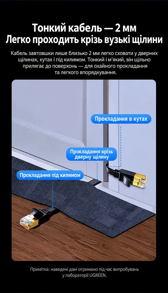 Плоский мережевий кабель UGREEN NW106 2 м патч-корд Ethernet RJ45 штекер на RJ45 штекер Cat 7 до 10 Гбіт/с екранований U/FTP жили з чистої міді 600 МГц чорний (11261) - фото 2