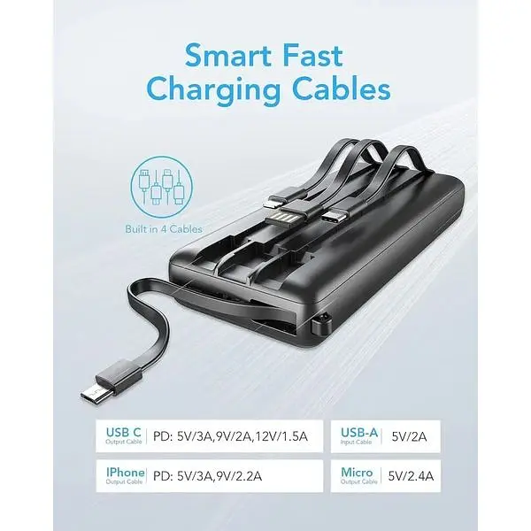 Портативное зарядное устройство Vrurc 20000 mAh быстрая зарядка со встроенными кабелями - фото 6