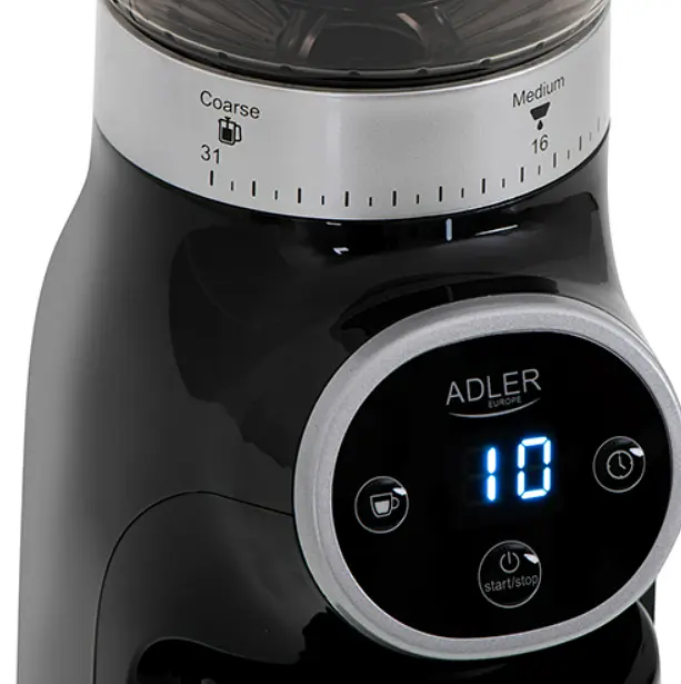 Кавомолка Adler AD 4450 Burr 300 Вт, конічні металеві жорна, 31 ступінь помелу, контейнер 300 г, таймер 25 с, чорна/срібляста - фото 8