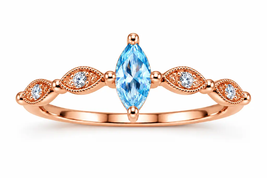 Золота каблучка Jewellery Continent з блакитним топазом "Маркіз" 14 (К-0924) - фото 2