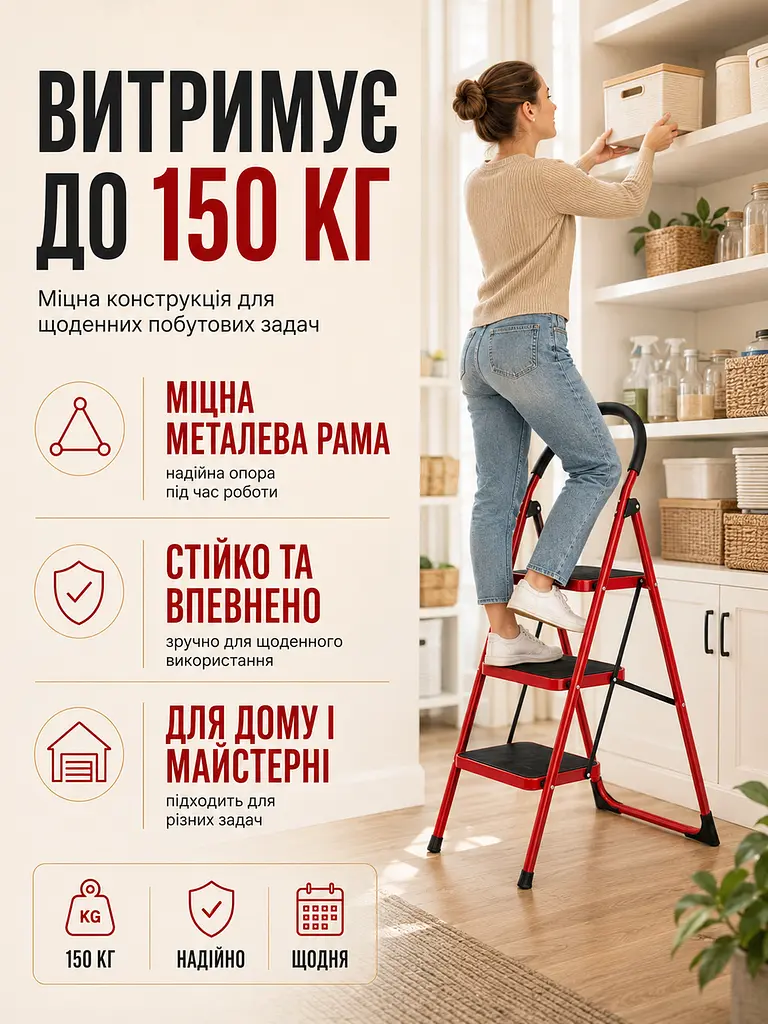 Драбина-стрем’янка з поручнем 3 сходинки складна металева до 150 кг (49675898) - фото 8