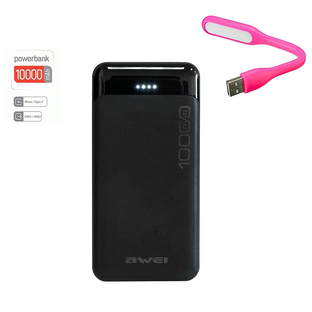 Комплект powerbank 10000 mAh "Awei P37K" Чорний, powerbank і usb світильник для ноутбука Рожевий 1.2W - фото 4