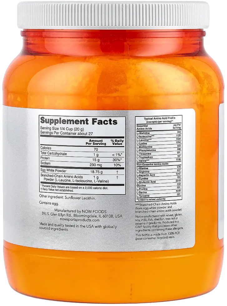 Яєчний протеїн з BCAA NOW Foods Sports Egg White Protein BCAAs NOW Foods Sports без смаку 544 г - фото 2