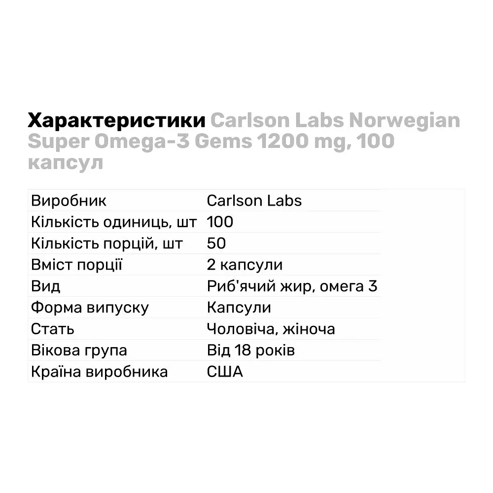 Жирные кислоты Carlson Labs Norwegian Super Omega-3 Gems 1200 мг 100 капсул - фото 2