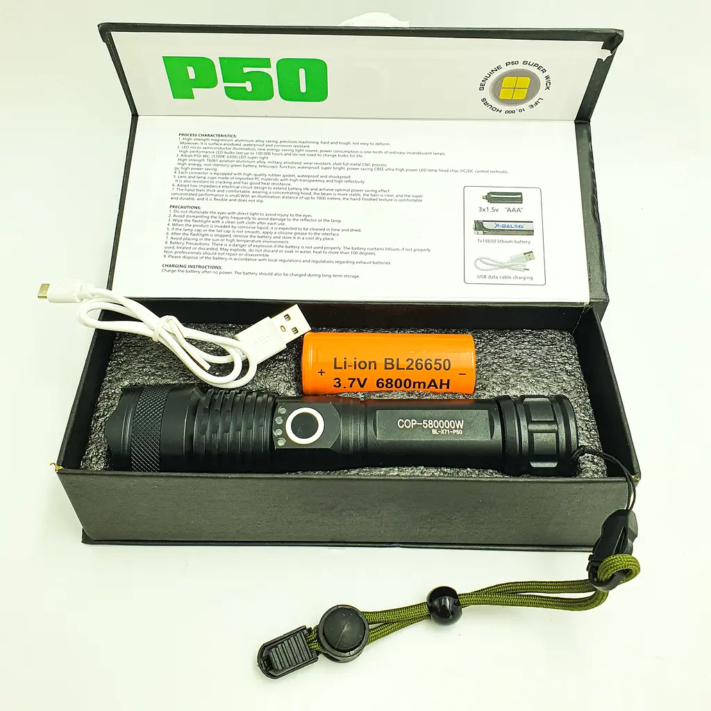 Ліхтар акумуляторний ручний металевий ліхтарик із зумом 26650 battery BL X71 P50 чорний - фото 6