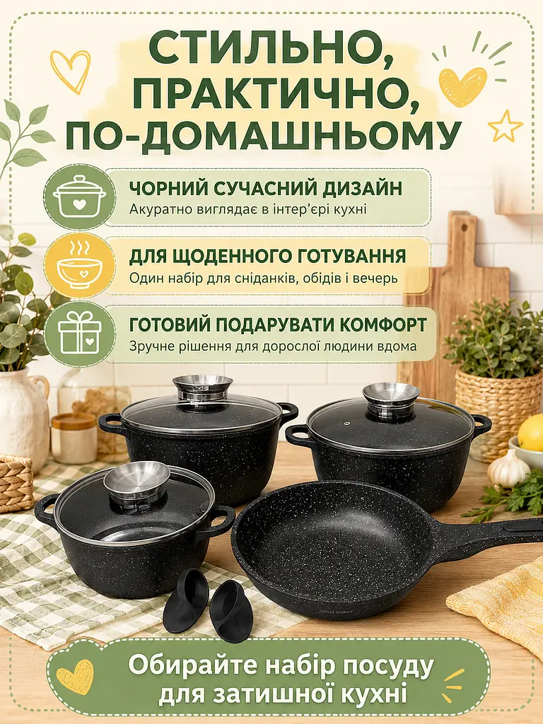 Набір посуду 9 предметів чорний з антипригарним гранітним покриттям для всіх плит (49675916) - фото 8