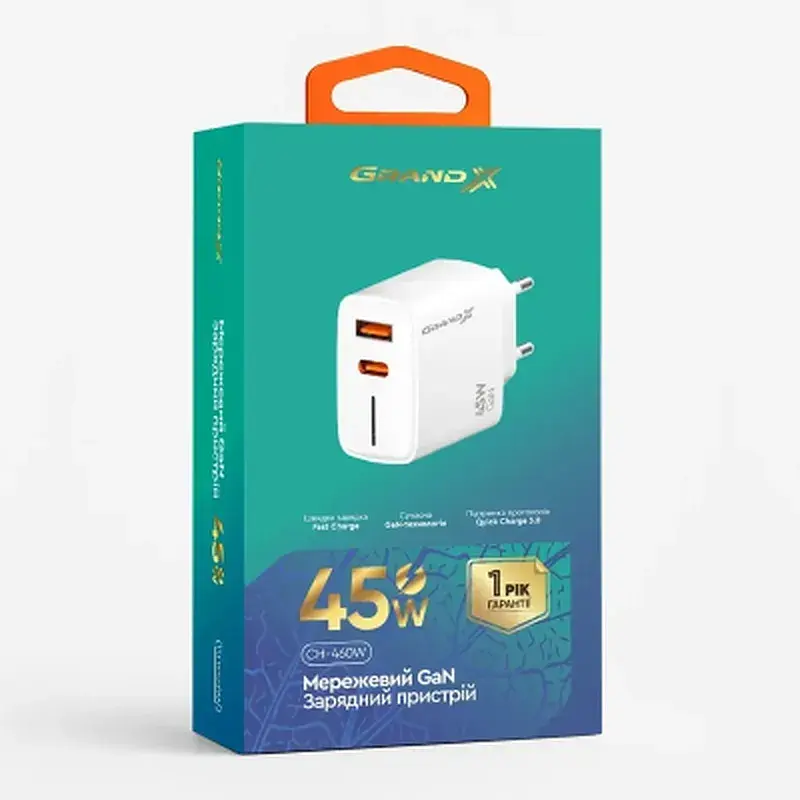 Зарядний пристрій Grand-X GaN 1xUSB-C + 1xUSB QC3.0 45W white (CH-460W) - фото 5