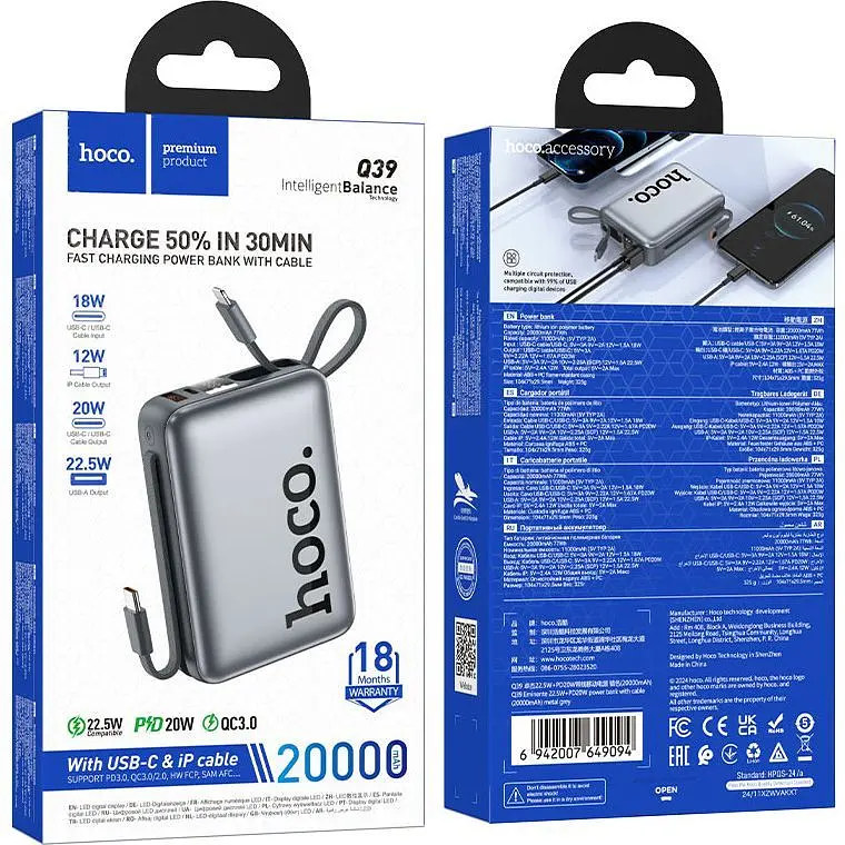 Зовнішній акумулятор Hoco Q39 20000mAh 22.5W Metal Grey (649094) [156649] - фото 3
