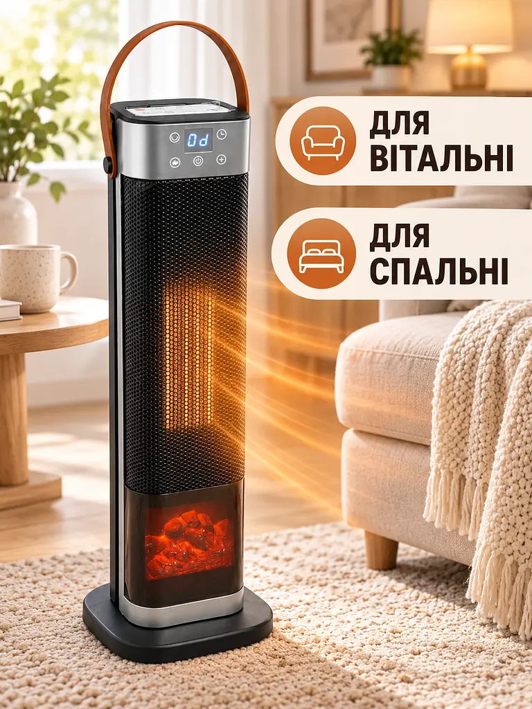 Керамічний тепловентилятор 2000 Вт 65×16×16 см з пультом, таймером та ефектом каміна, чорний (49676388) - фото 8