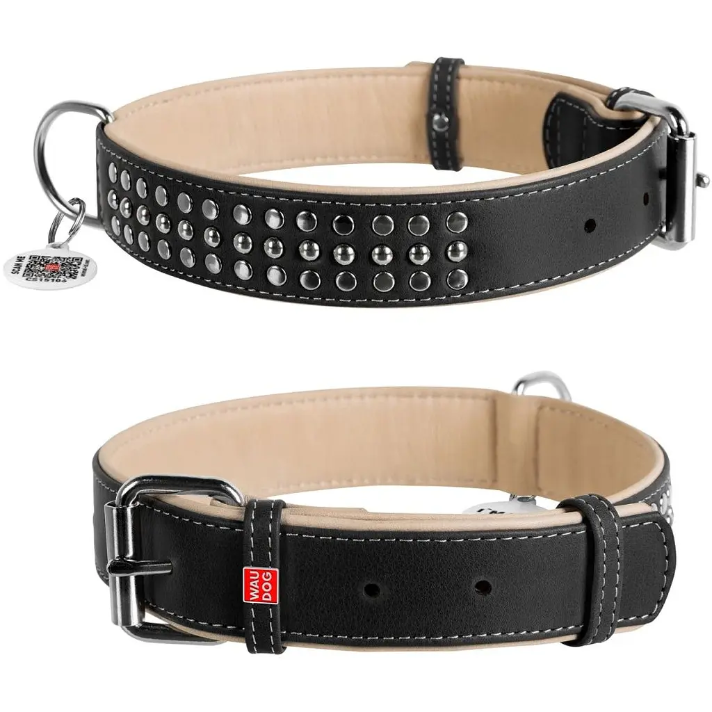 Нашийник для собак Waudog Soft, шкіряний, з металевими прикрасами, з QR паспортом, 57-71х3,5 см, чорний - фото 3
