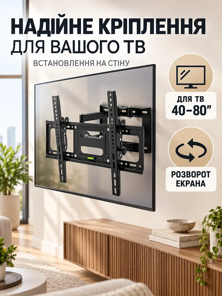 Настінний кронштейн для телевізора 40–80 дюймів похило-поворотний до 50 кг VESA 200×200–400×600 мм, чорний (49676109) - фото 7