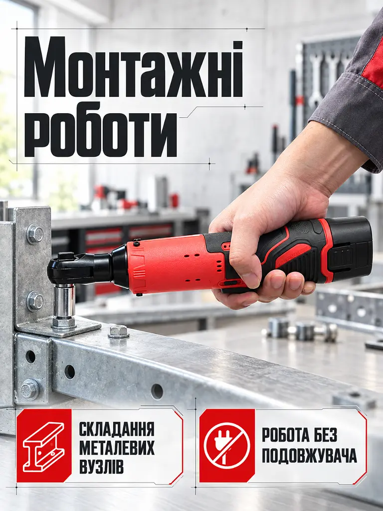 Акумуляторна кутова тріскачка 12V 3/8" з 2 акумуляторами та набором головок у кейсі червоно-чорна (37261567) - фото 9