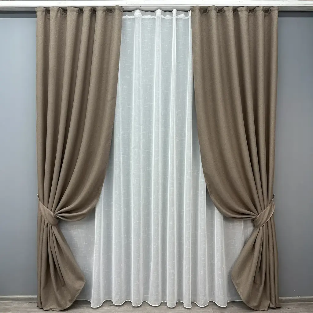 Комплект штор з тюлем VR-Textil Льон Мішковина, темно-бежевий з білим, 2 штори 100×270 см + тюль 300×270 см, арт. 71-017/1