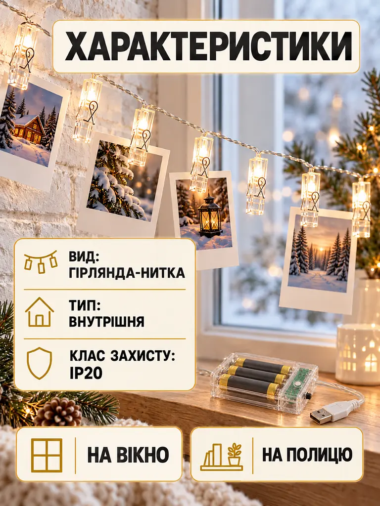 Світлодіодна гірлянда-прищіпки 3 м 20 LED від USB та батарейок для декору теплий білий (37261549) - фото 6