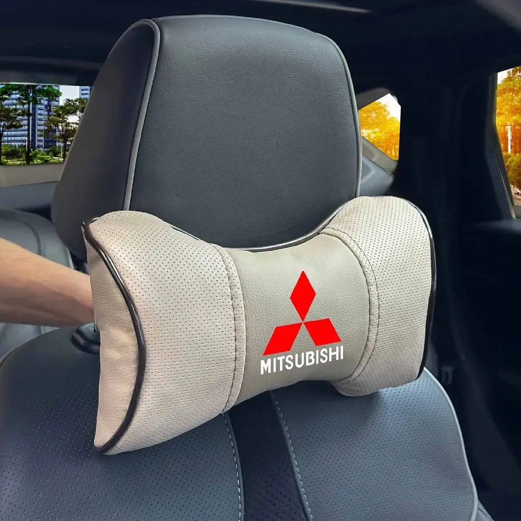 Подушка на підголівник з логотипом Mitsubishi Екошкіра 3D Кольоровий лого Бежева-Коричневий кант 1 шт