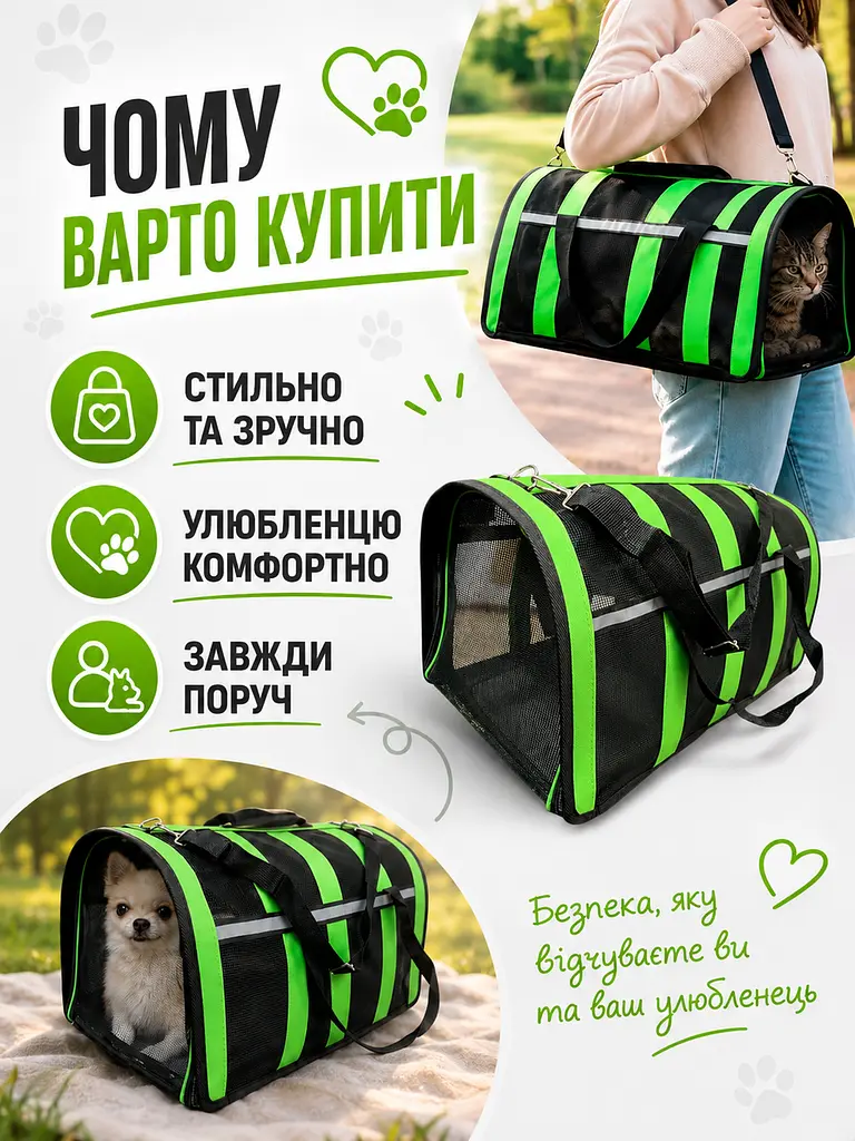 Сумка-переноска для собак та котів 35×21×24 см чорного кольору із зеленими смугами (49676063) - фото 8