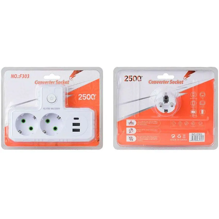 Розетка-измельчение с заземлением Voltronic F-303 White, 2 розетки + 3 USB(1 А) + Type-C, 2500 W, 10A, 220V - фото 4