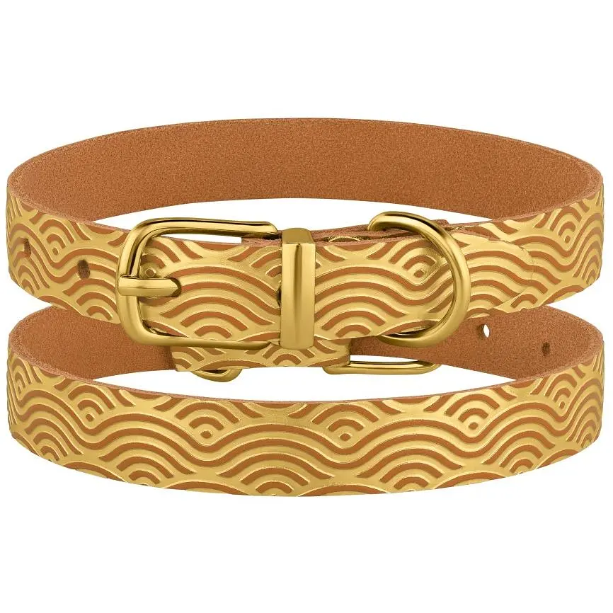 Ошейник для собак BronzeDog Barksi Classic Волна кожаный одинарный с золотым тиснением 23-30х1.2 см горчичный - фото 4