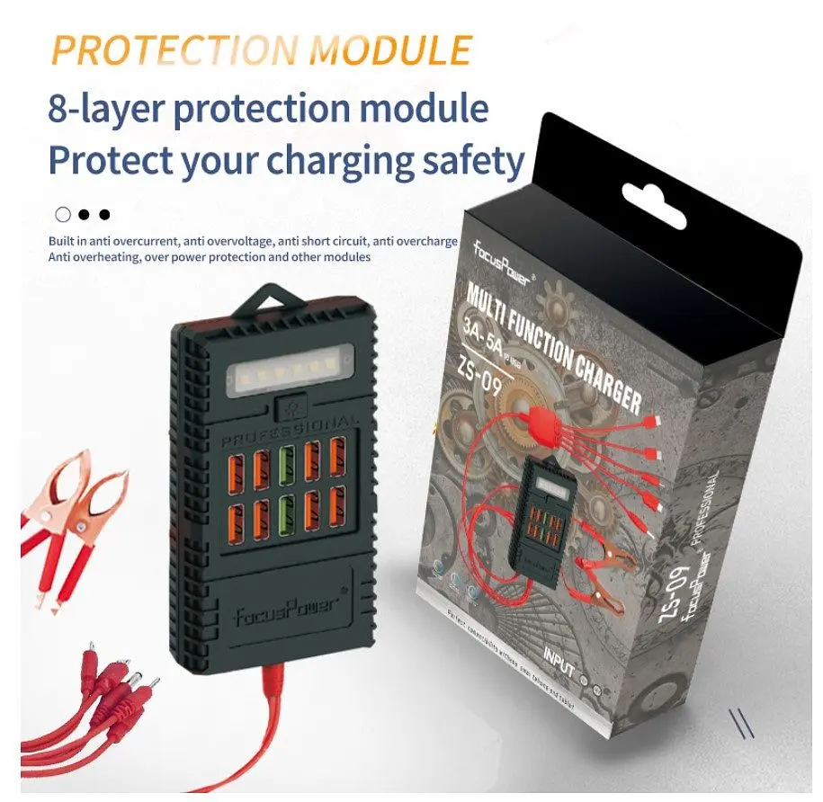 Зарядний пристрій 10xUSB2.0 Voltronic ZS09-05, ліхтарик, з крокодилами живлення 12 В - фото 3