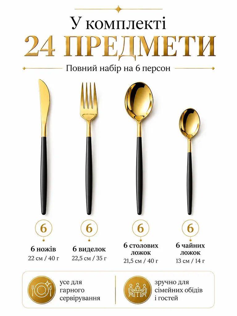 Набір столових приборів 24 предмети - з нержавіючої сталі, чорний / золотий (49675895) - фото 3