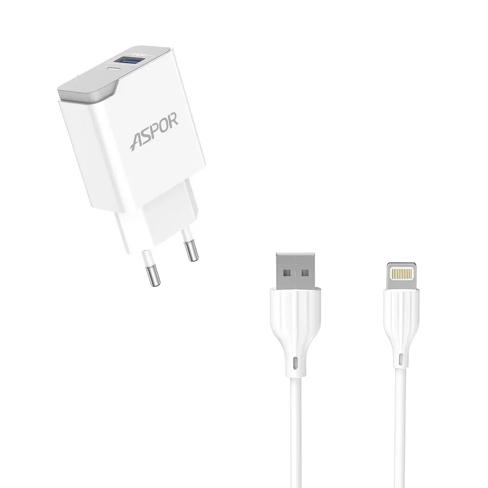 Мережевий зарядний пристрій Aspor A827 IQ (USB/2.4A) + кабель USB – Lightning- білий - фото 3