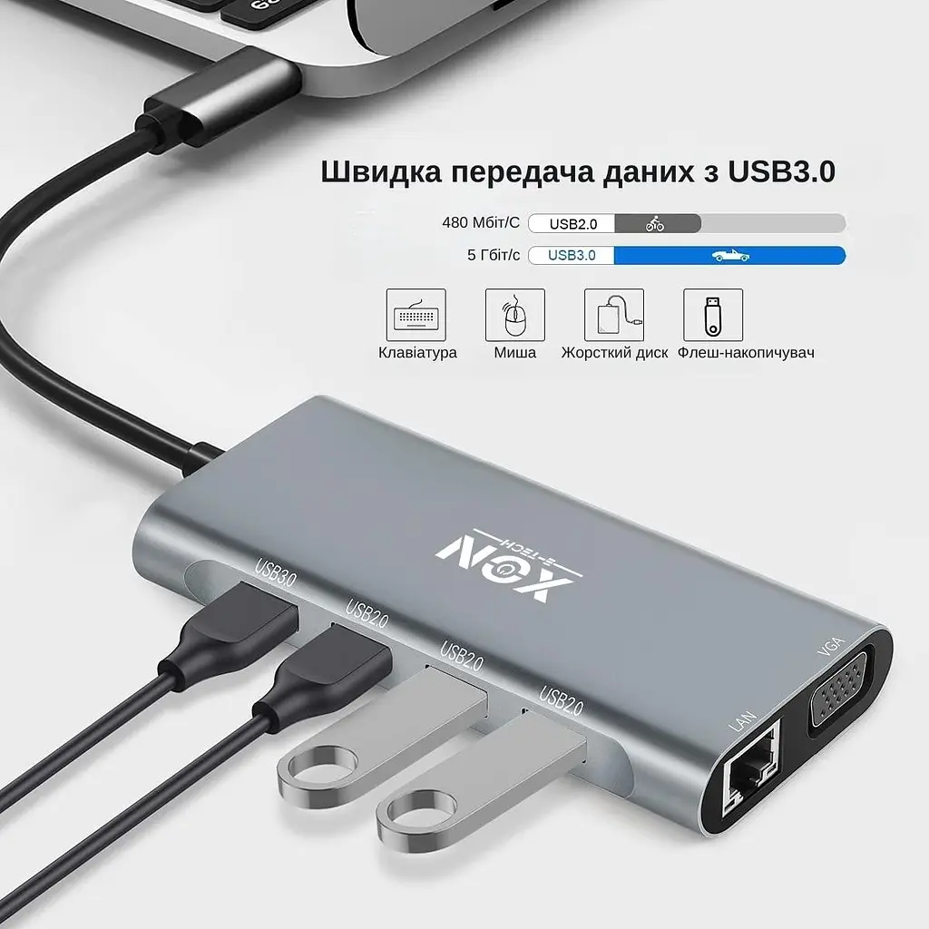 USB-хаб XON SmartHub 11 в 1 (Ethernet, VGA, HDMI, 3.5 Audio, SD/TF, Type-C, 2xUSB3.0, 2xUSB2.0) Сірий (UHCHP113322G 4432) - фото 4