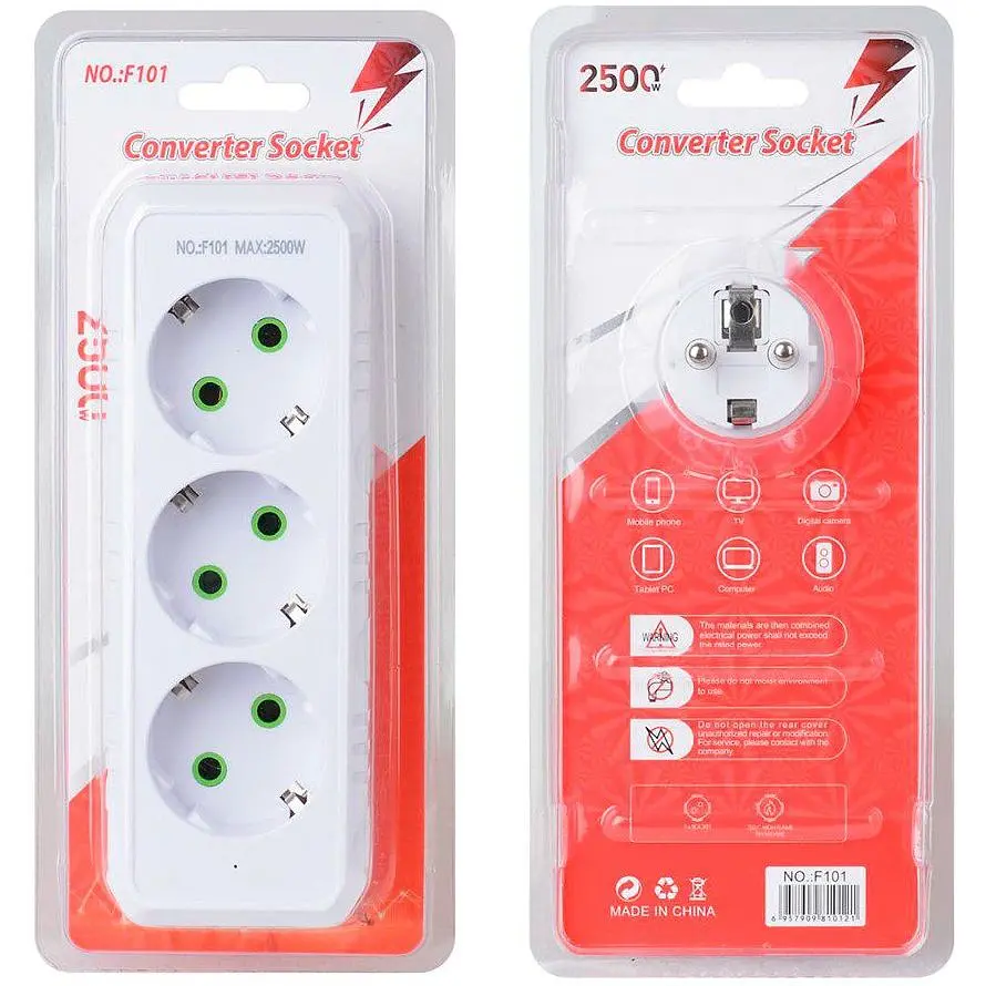 Розетка трійник із заземленням Voltronic F-101 White, 3 розетки, 2500W, 10A, 110-250V - фото 2