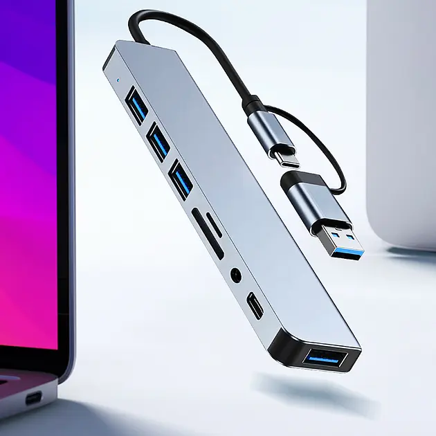 Металевий USB HUB 9-в-1 - Type-C, USB 3.0, SD/TF, PD, AUX, Сірий - фото 3
