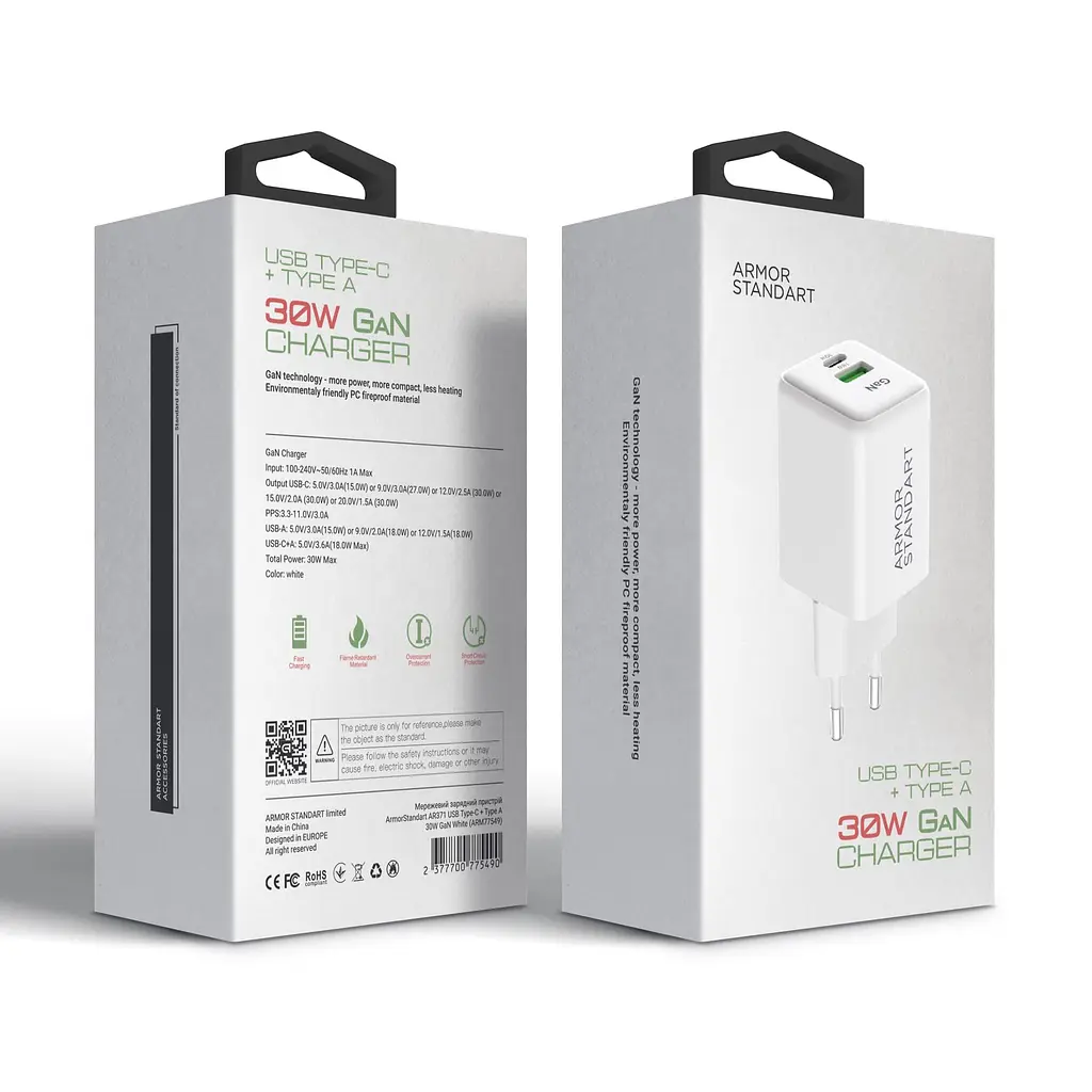 Зарядний пристрій Armorstandart AR371 30W GaN Type-C + USB-A White (ARM77549) - фото 3