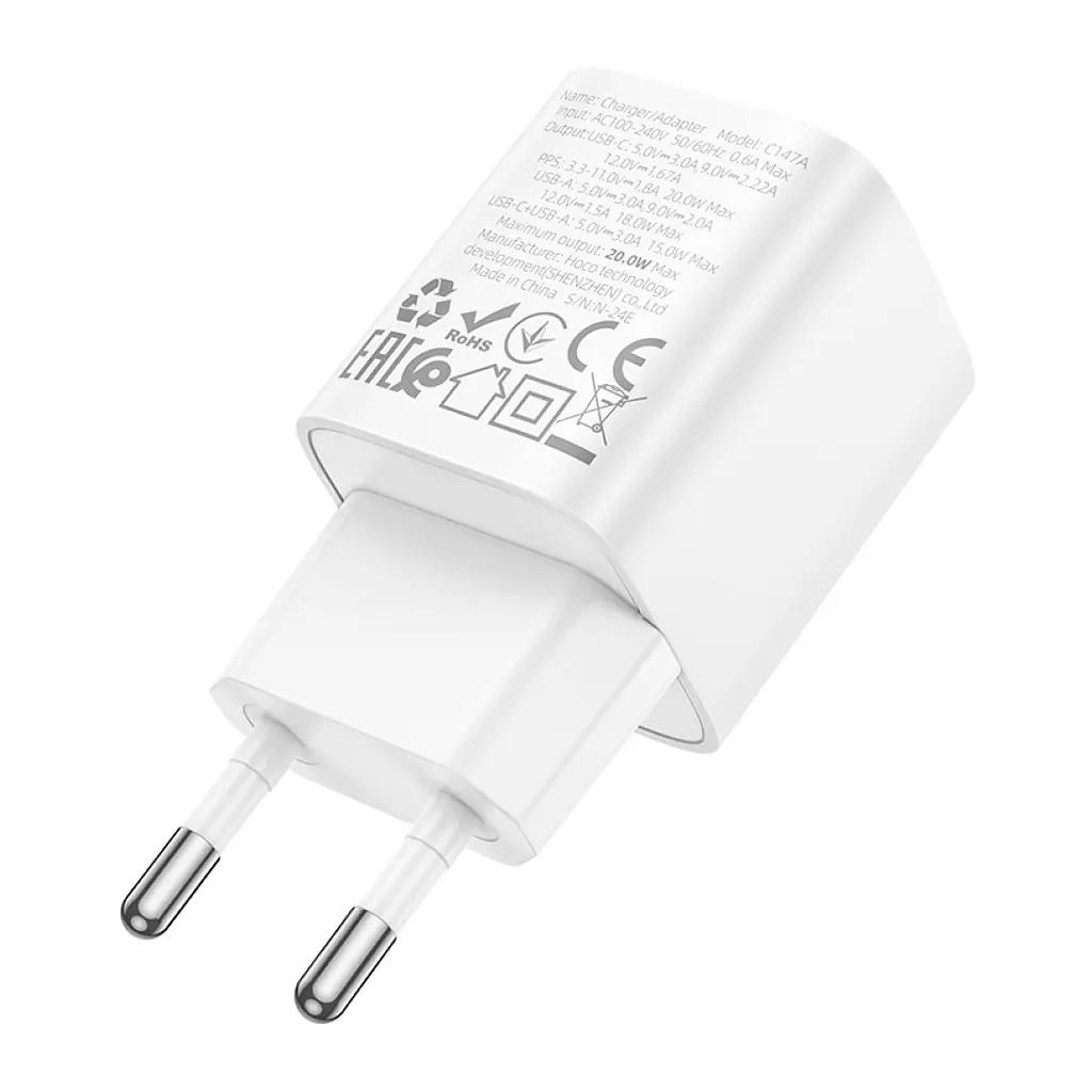 Зарядний пристрій HOCO C147A Charm 1xUSB-C PD20 Вт + 1xUSB QC3.0 білий (6942007630276) - фото 6