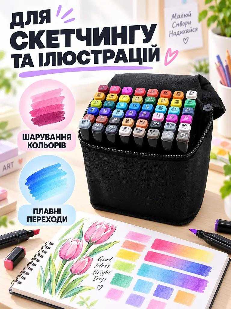 Маркери для скетчингу 48 кольорів спиртові двосторонні 1/6 мм для малювання у чохлі, різнокольорові (49676391) - фото 2