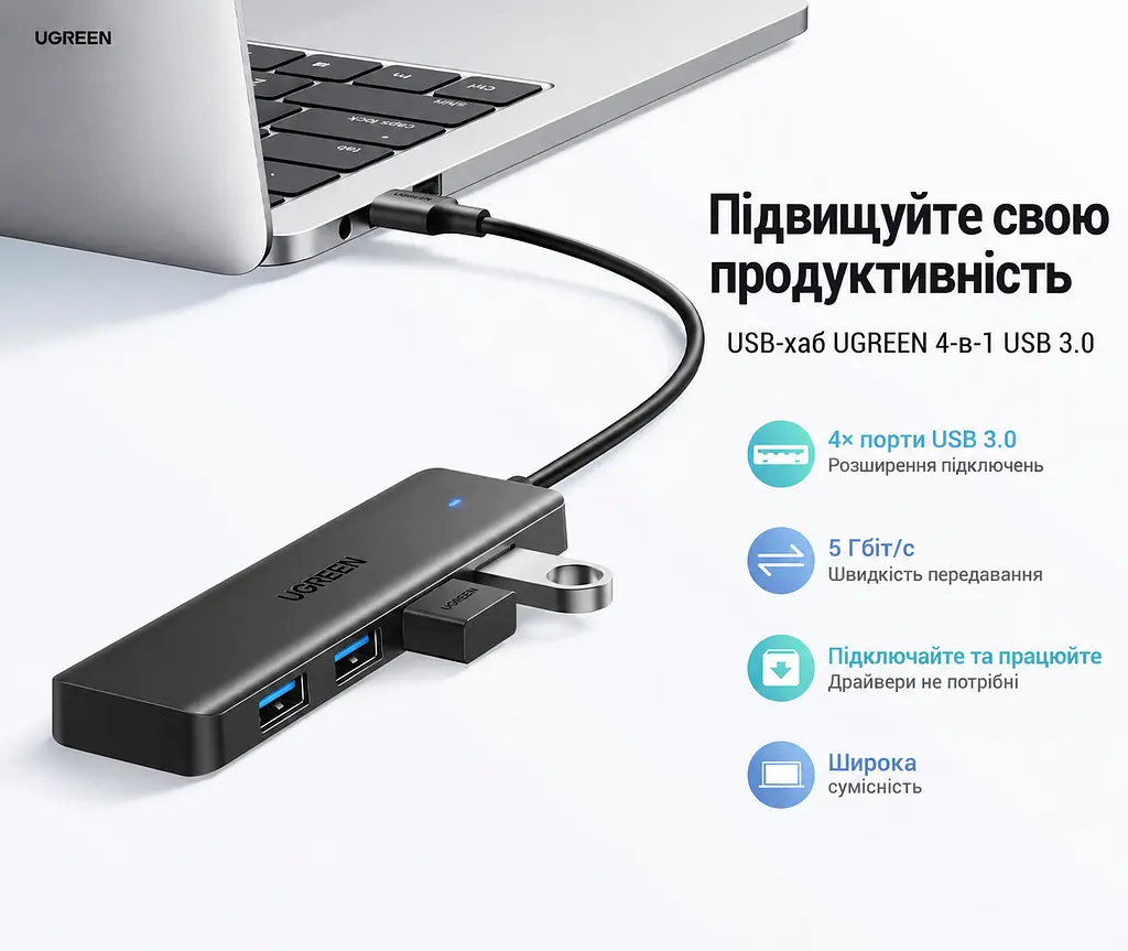 USB-хаб UGREEN CM219 USB-концентратор со входным штекером USB-A 3.0 для подключения к хосту и выходными гнёздами USB-A 3.0 4 порта с общей для них пропускной способностью передачи данных до 5 Гбит/с не предназначен для зарядки устройств поддерживает жёсткий диск ёмкостью 12 ТБ LED-индикаторы Plug & Play встроенный кабель длиной 15 см чёрный (25851) - фото 2